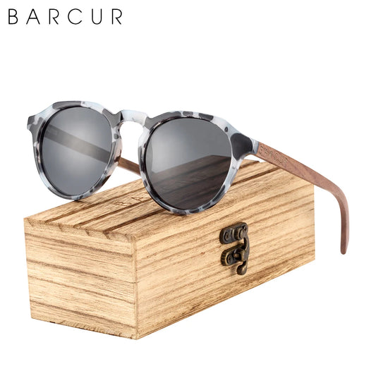 Retro Polarized Brand Design Walnut Wood Temple Women Sunglasses Round Plastic Frame Men Glasses UV400 Free Wood Case