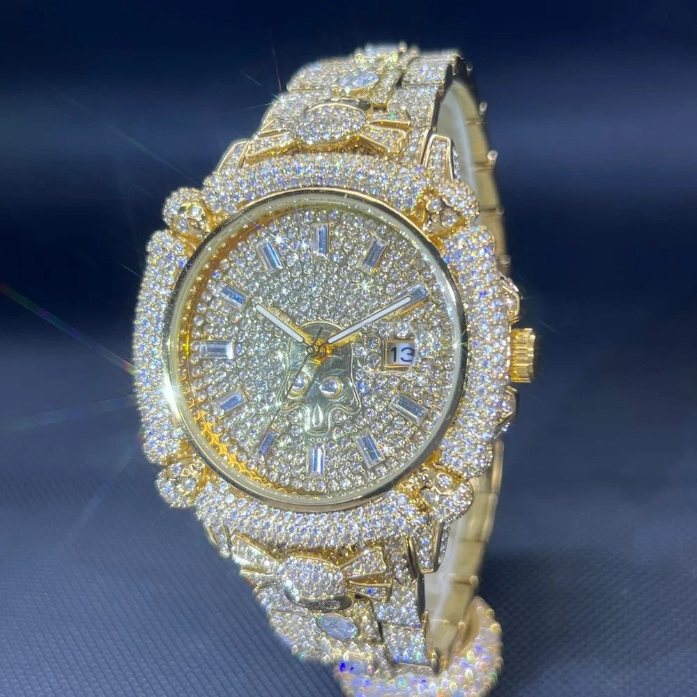 TikTok Hot Diamond Wristwatch For Men Luxury MISSFOX Gold Plated Quartz Watches Nightclub Party Watch Unisex Rapper Jewelry Gift