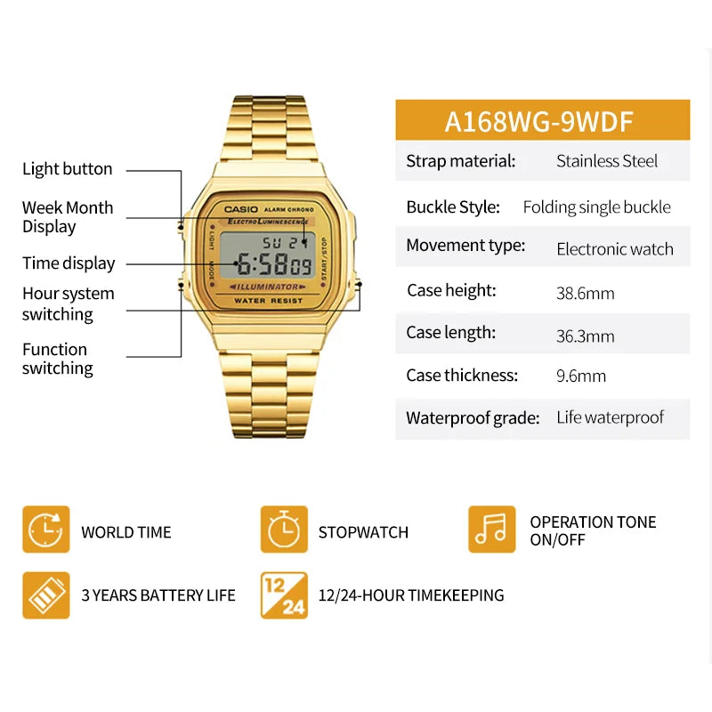 CASIO Vintage Square Digital Watch A168, Men Classic Metal Sports Wrist Watch for Student