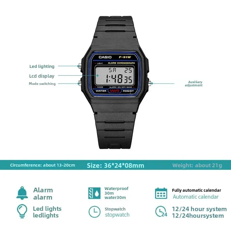 Casio F91W Series Fashionable Simple Retro Small Square LCD Display Waterproof Quartz Watch Trendy Versatile Electronic Watch