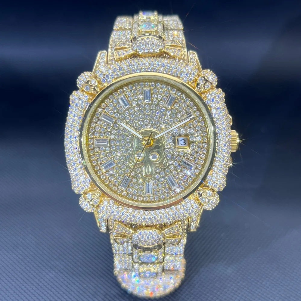 TikTok Hot Diamond Wristwatch For Men Luxury MISSFOX Gold Plated Quartz Watches Nightclub Party Watch Unisex Rapper Jewelry Gift