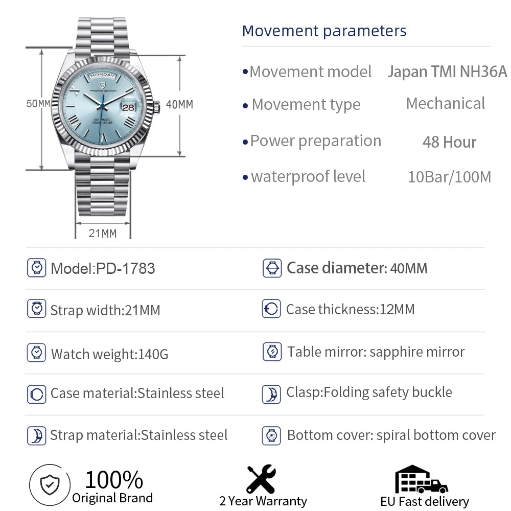 PAGANI DESIGN Rose Gold DD40 Luxury Automatic Watch For Men Mechanical Wristwatch Men Japan NH36A Movt Sapphire crystal 2025 New