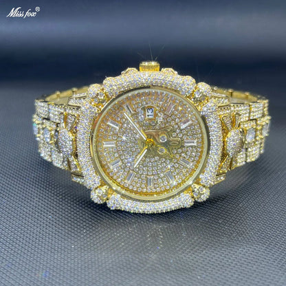 TikTok Hot Diamond Wristwatch For Men Luxury MISSFOX Gold Plated Quartz Watches Nightclub Party Watch Unisex Rapper Jewelry Gift