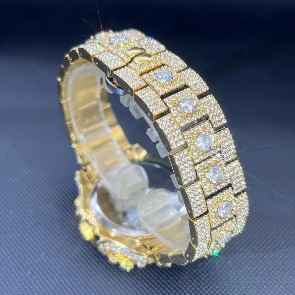 TikTok Hot Diamond Wristwatch For Men Luxury MISSFOX Gold Plated Quartz Watches Nightclub Party Watch Unisex Rapper Jewelry Gift