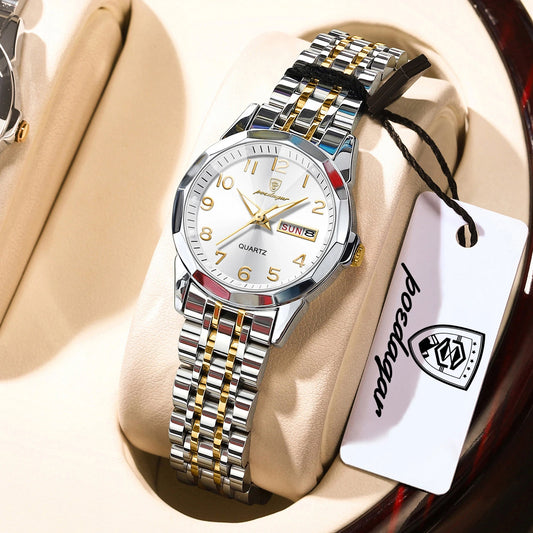 POEDAGAR Elegant Ladies Watches Waterproof Luminous Date Week Watch for Woman High Quality Stainless Steel Quartz Women's Watch